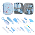Light blue and white baby care kit with 20 piece grooming and healthcare tools in a soft cartoon patterned carrying case