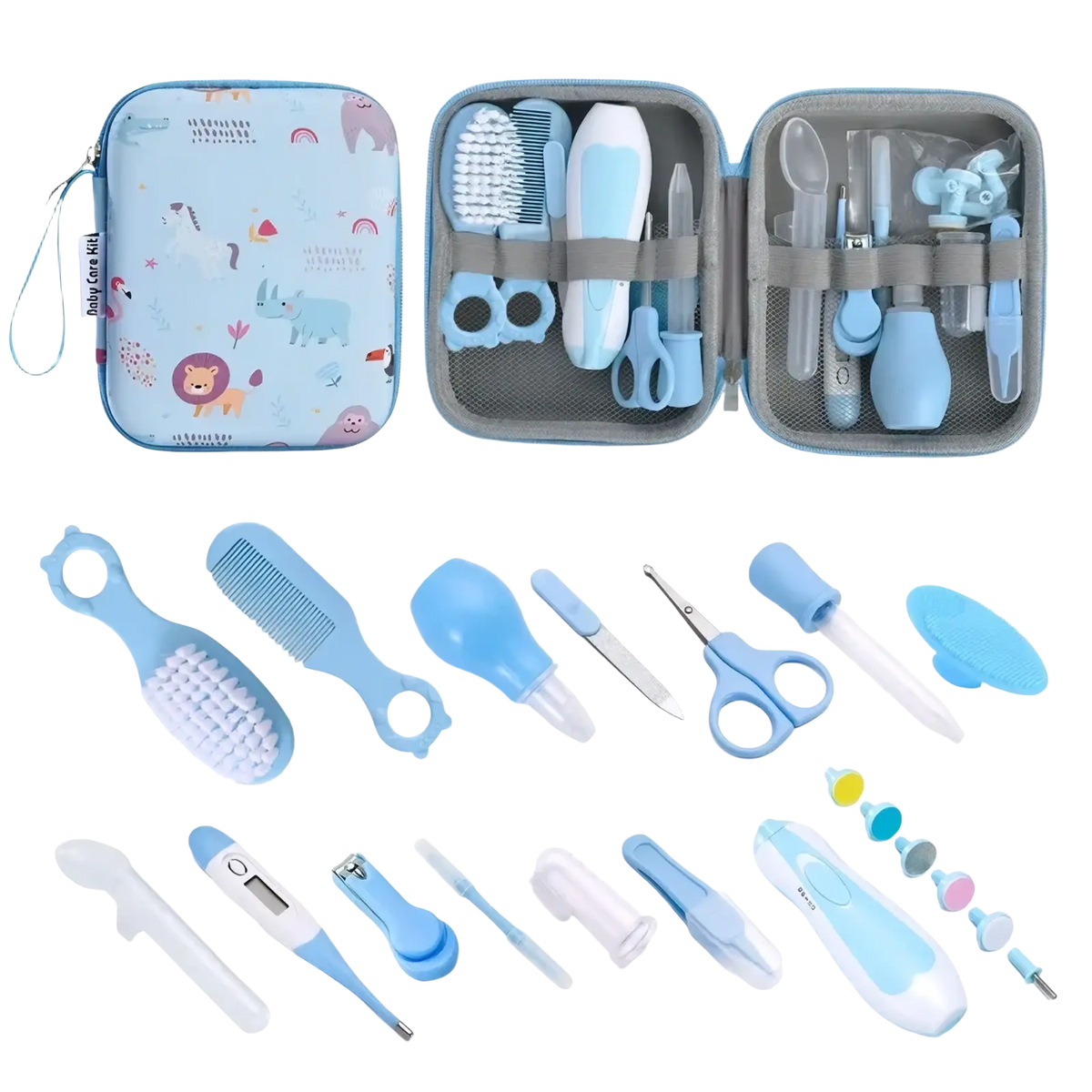 Light blue and white baby care kit with 20 piece grooming and healthcare tools in a soft cartoon patterned carrying case