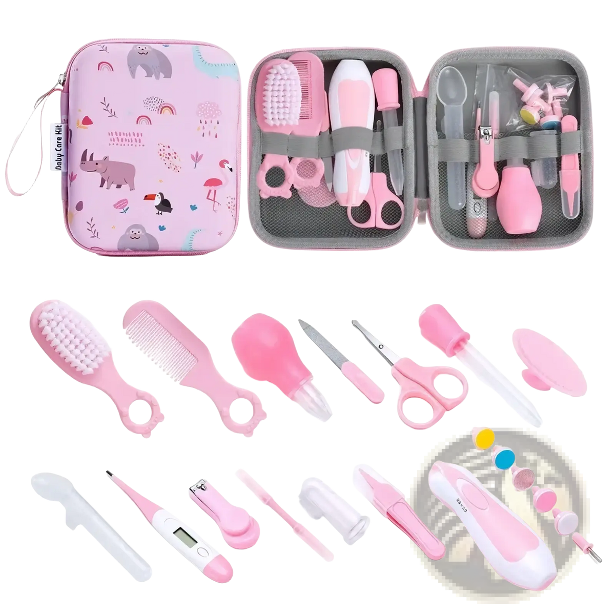 Pink and white baby care kit 20 piece grooming and healthcare set with cartoon animal prints on the case