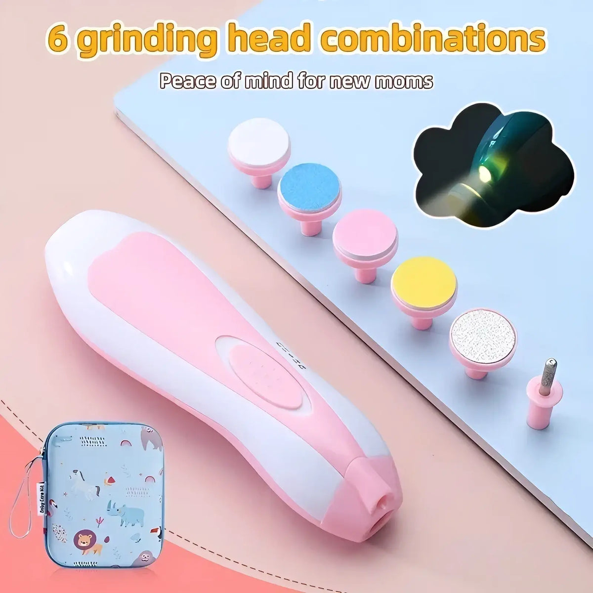 Pink and white electric nail grinder with six interchangeable grinding heads in baby care kit 20 piece grooming set
