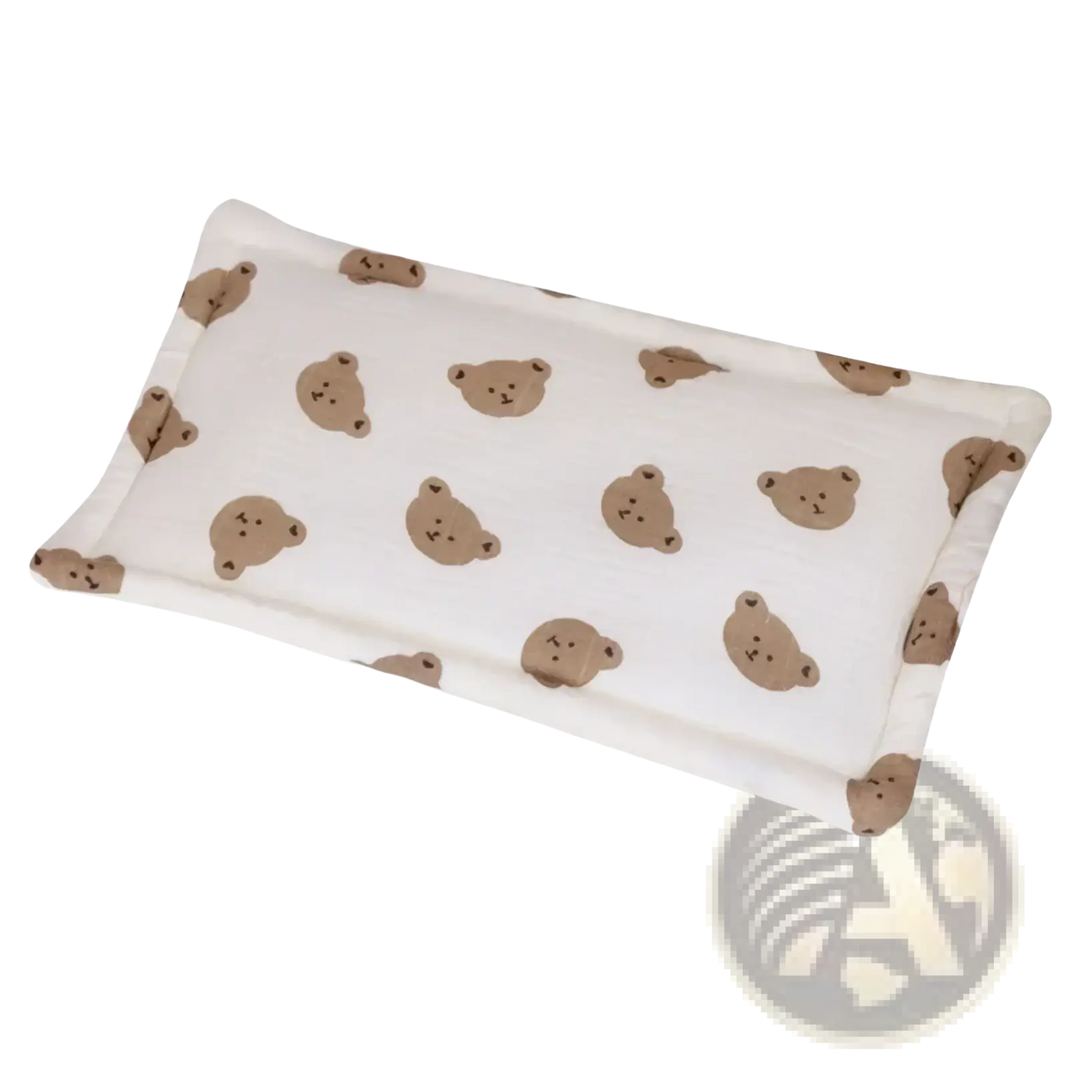 A soft white cotton baby cooling pad with breathable fabric and brown teddy bear pattern for infant sleep support