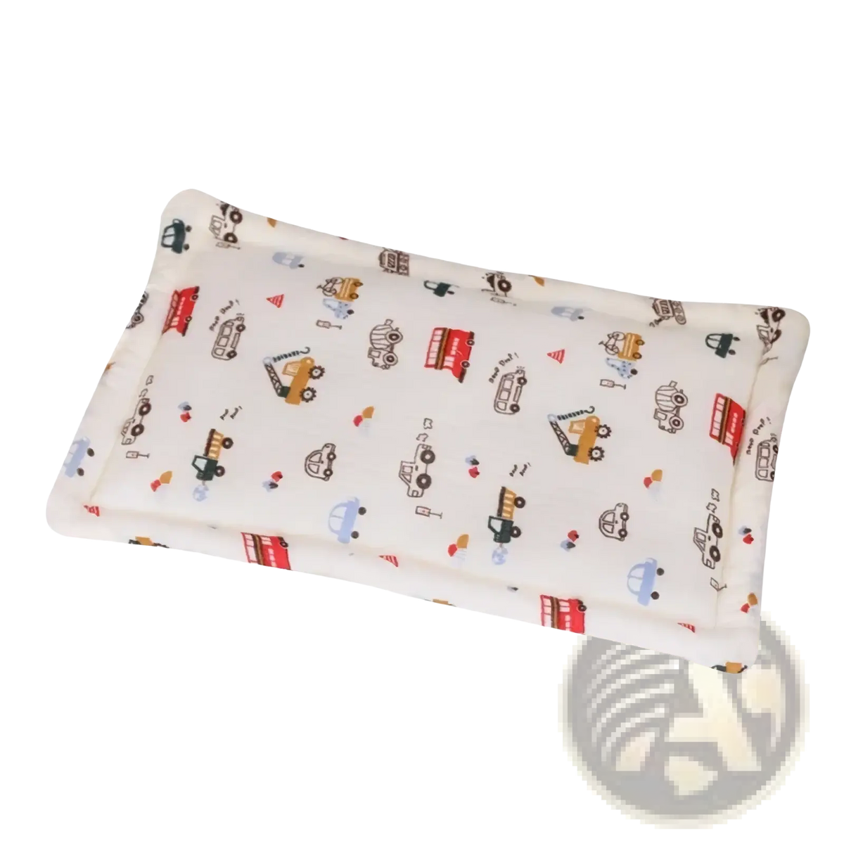 Cream-colored breathable cotton infant sleep support heating pad with playful colorful cartoon vehicles and equipment pattern
