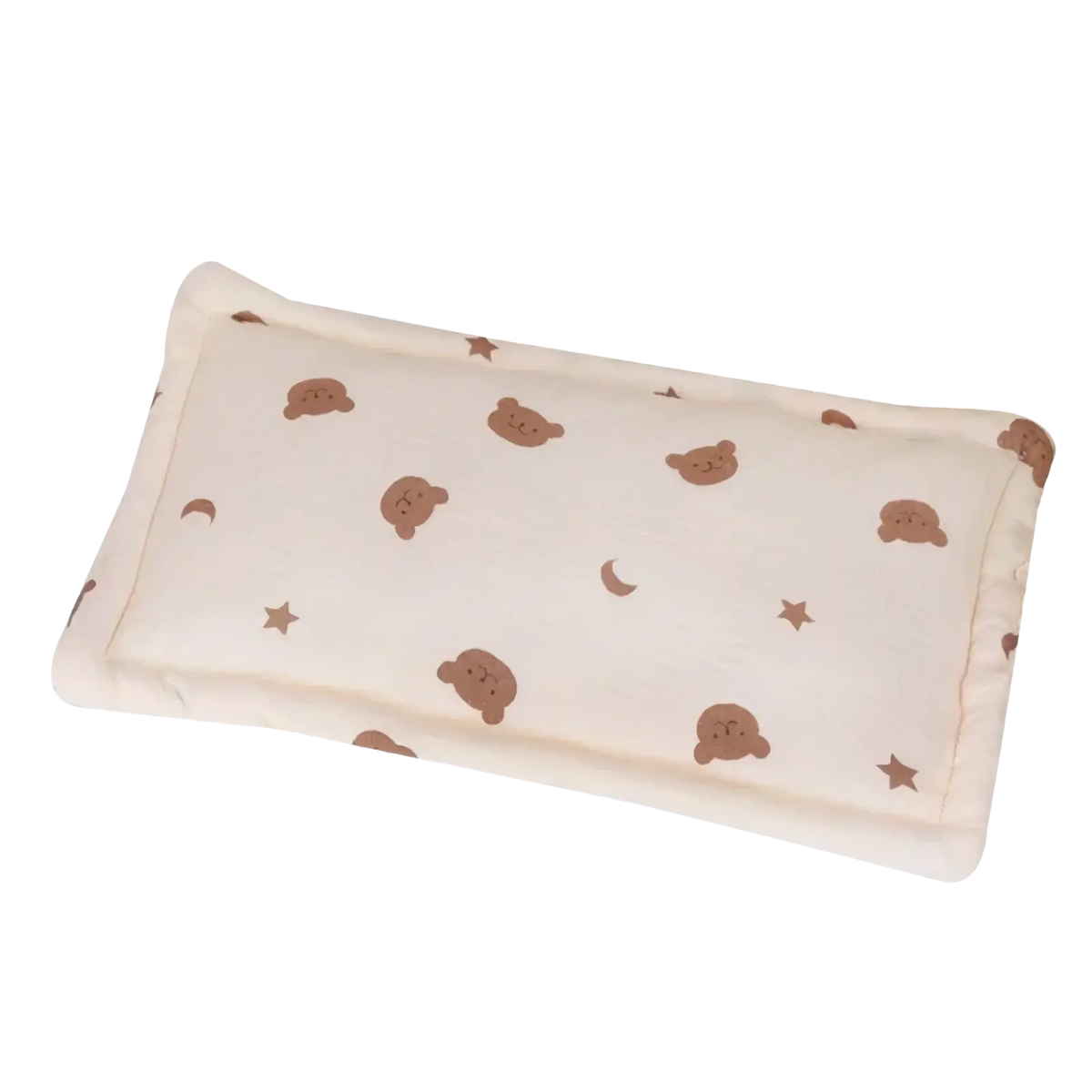 Cream-colored rectangular baby cotton pillow with breathable soft plush fabric featuring brown teddy bear and star patterns