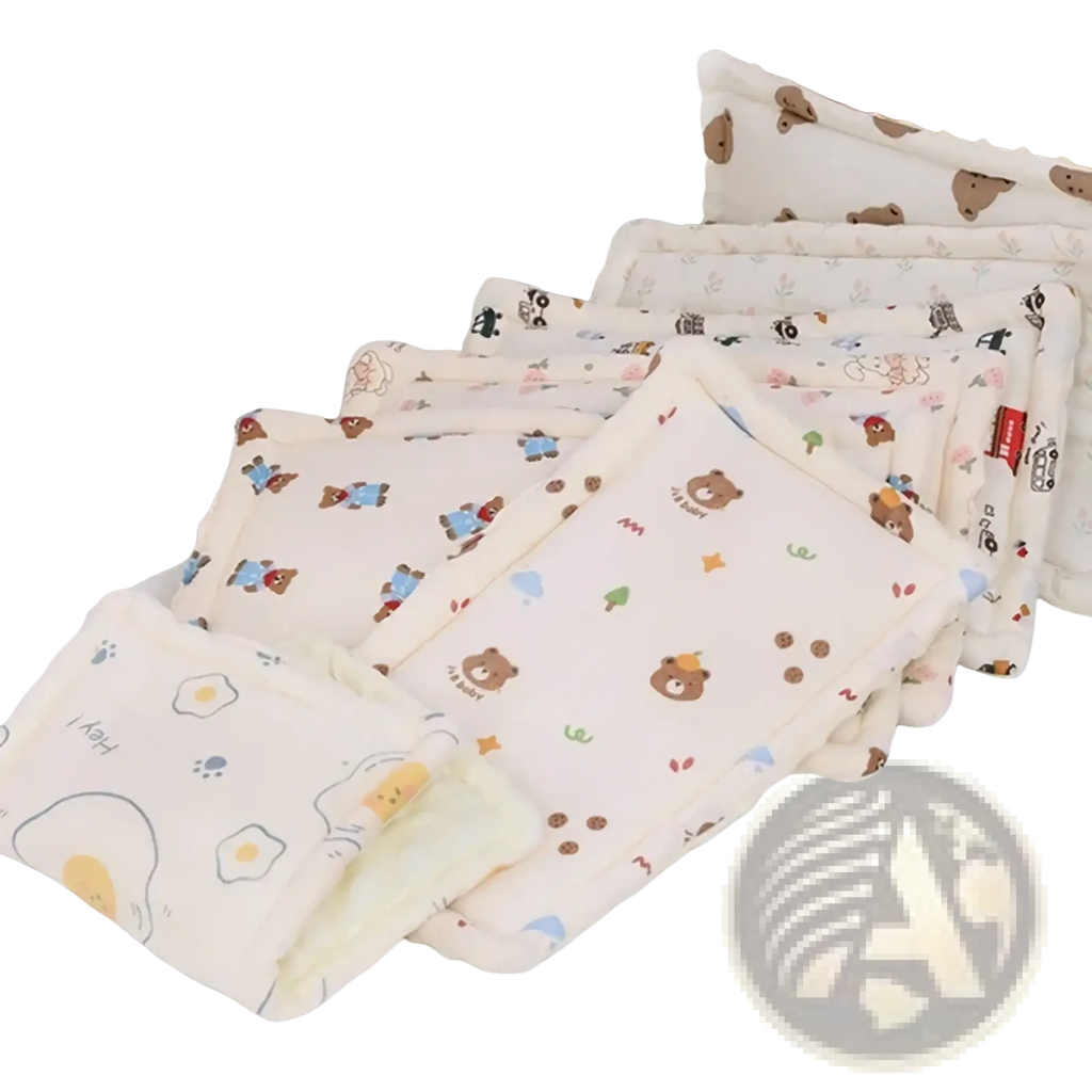 Cream-colored cotton baby pillow with breathable support and plush cartoon bear and egg patterns in pastel hues