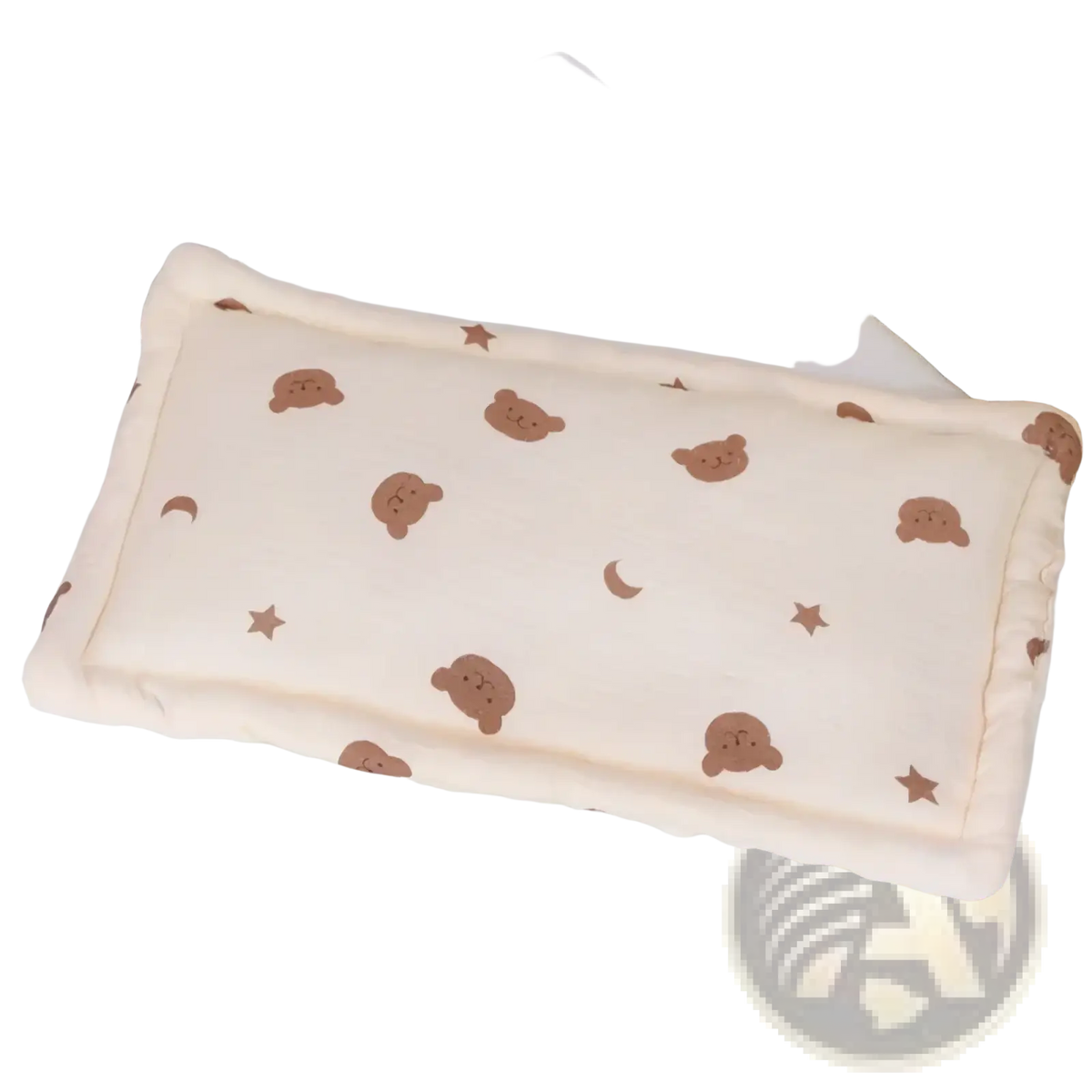 Cream-colored breathable baby cotton pillow with plush texture featuring brown teddy bears and stars for infant sleep support
