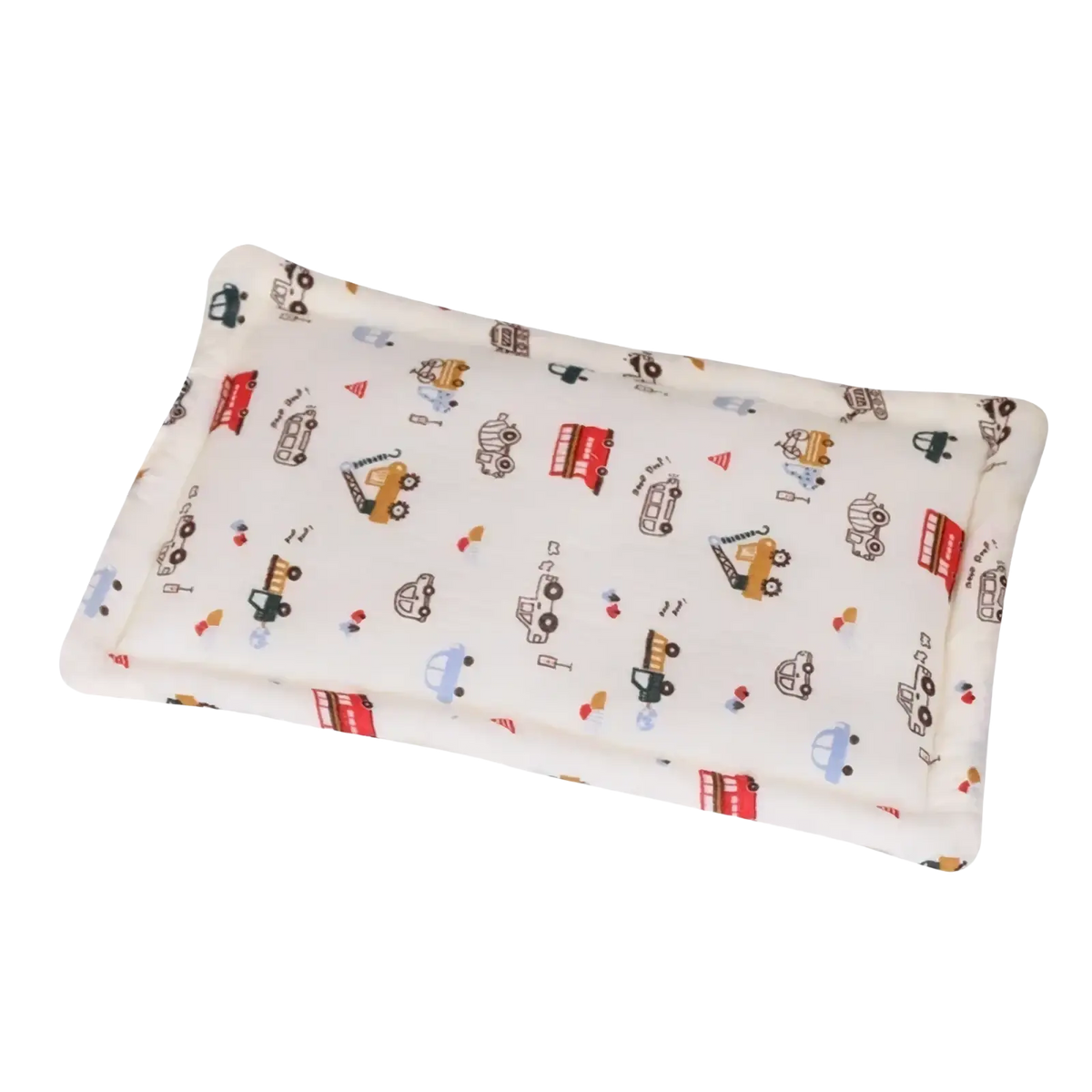 Cream-colored breathable cotton infant sleep support heating pad with playful colorful cartoon vehicles and equipment pattern