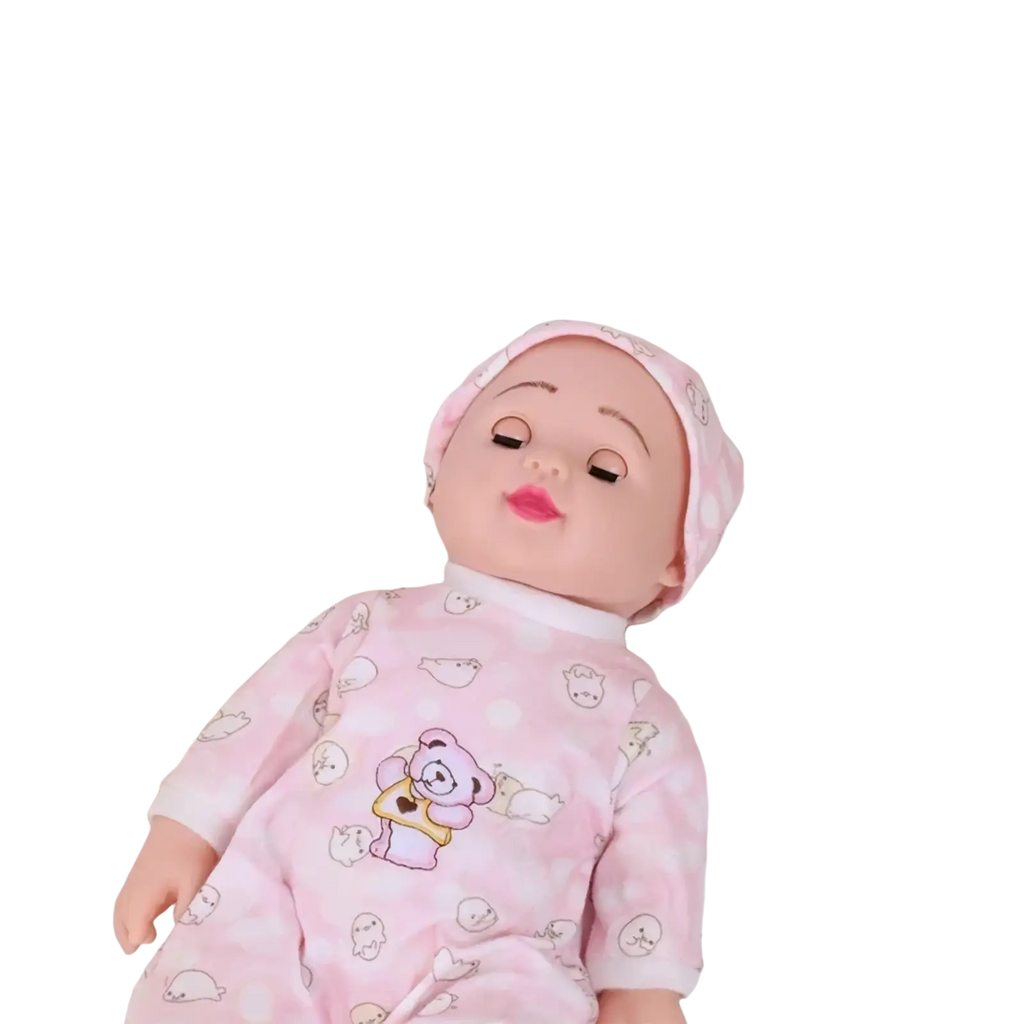 Pink baby doll in matching cotton onesie with animal prints resting on white breathable infant sleep support pillow