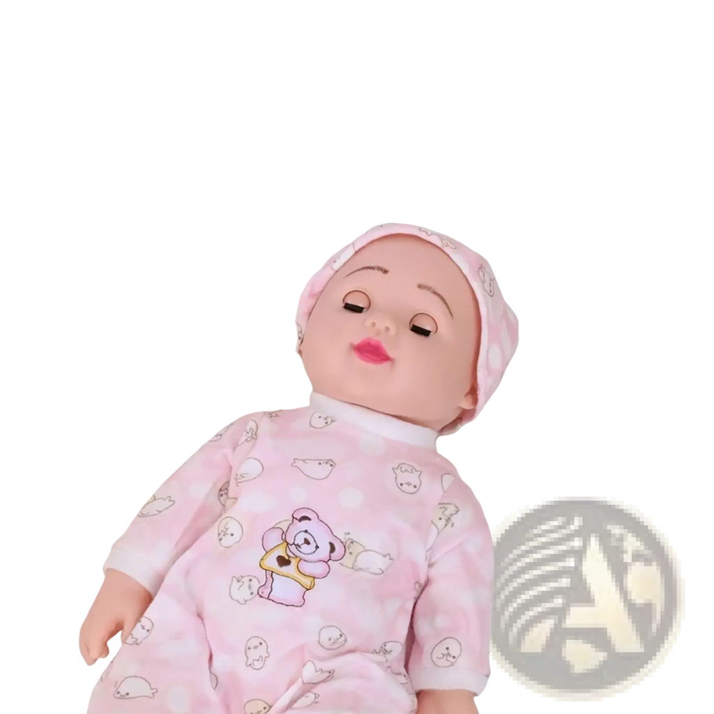Pink baby doll in matching cotton onesie with animal prints resting on white breathable infant sleep support pillow