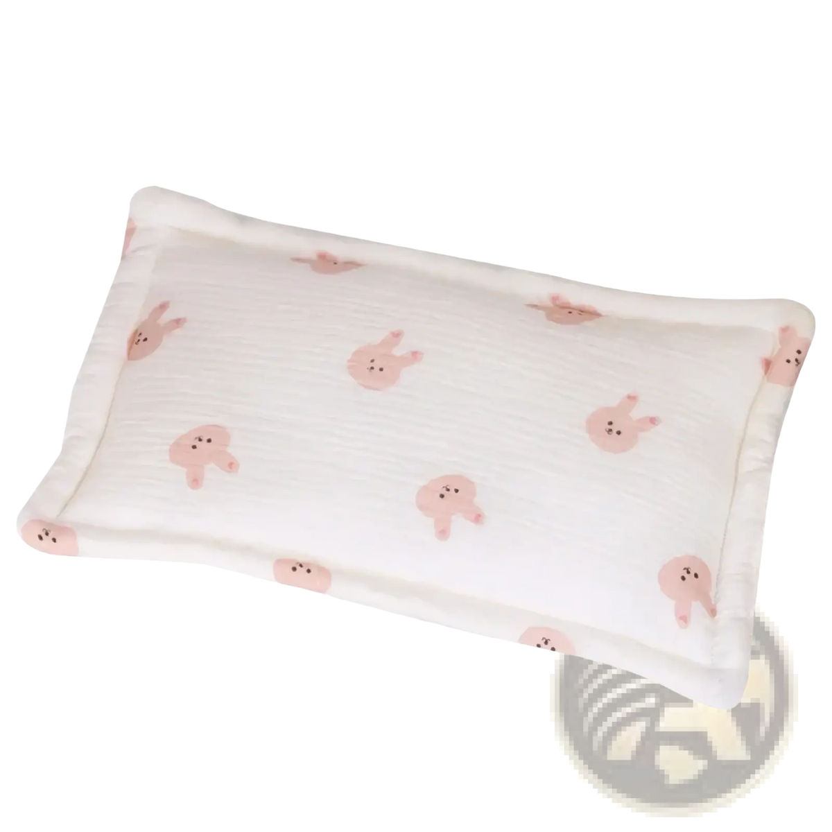 A soft white baby cotton pillow with breathable infant sleep support and gentle pink bunny pattern with stitched edges
