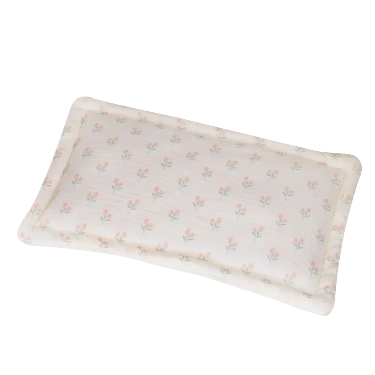 Breathable baby cotton pillow with off-white fabric pink tulip pattern and soft ruffled edges for infant sleep support