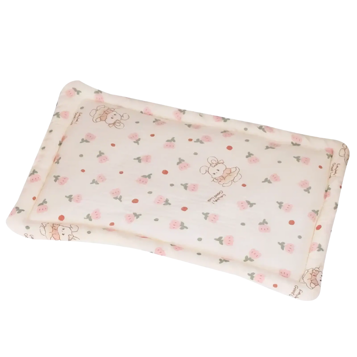A cream-colored baby cotton pillow with breathable infant sleep support featuring pink cartoon animals and floral motifs