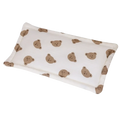 A soft white cotton baby cooling pad with breathable fabric and brown teddy bear pattern for infant sleep support
