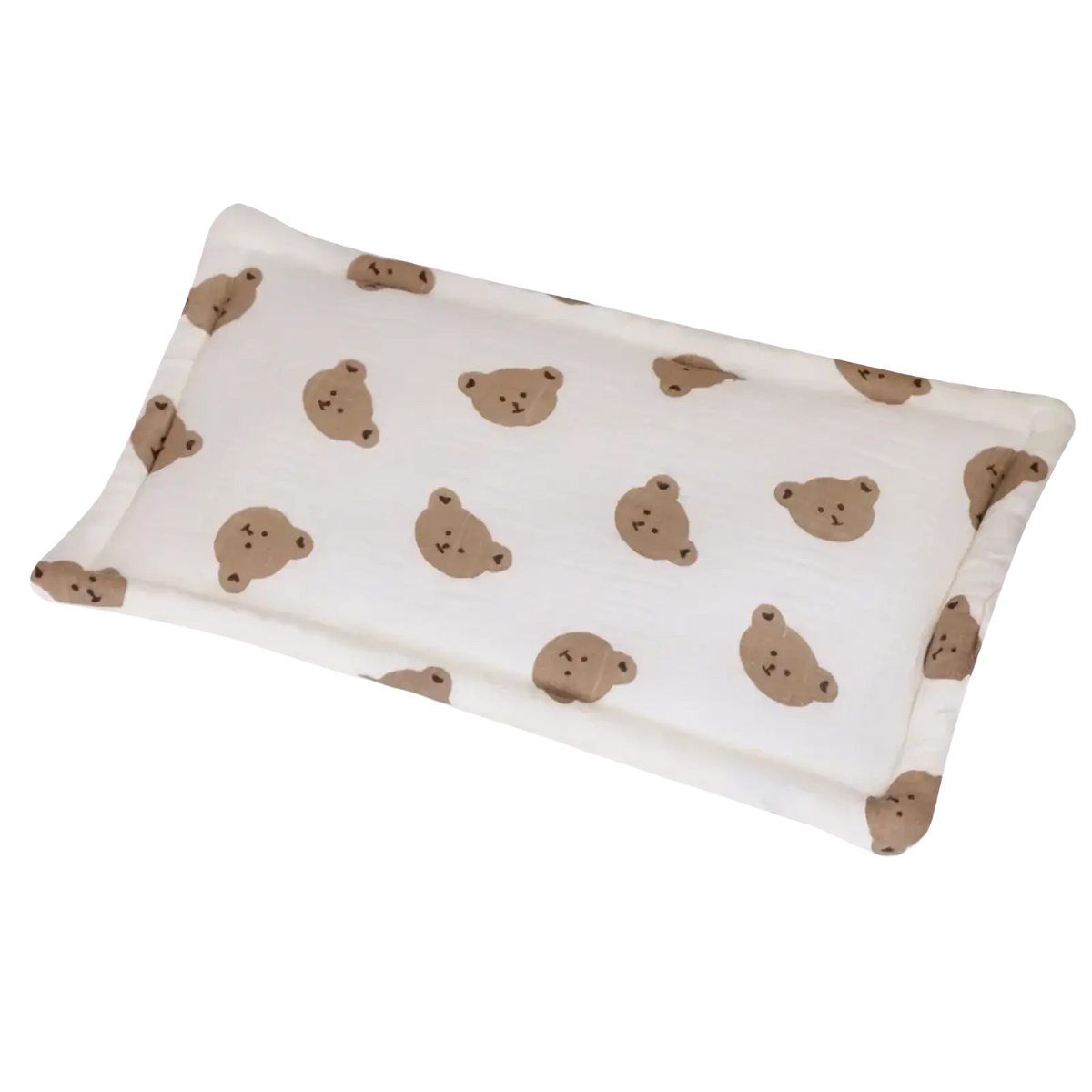 A soft white cotton baby cooling pad with breathable fabric and brown teddy bear pattern for infant sleep support