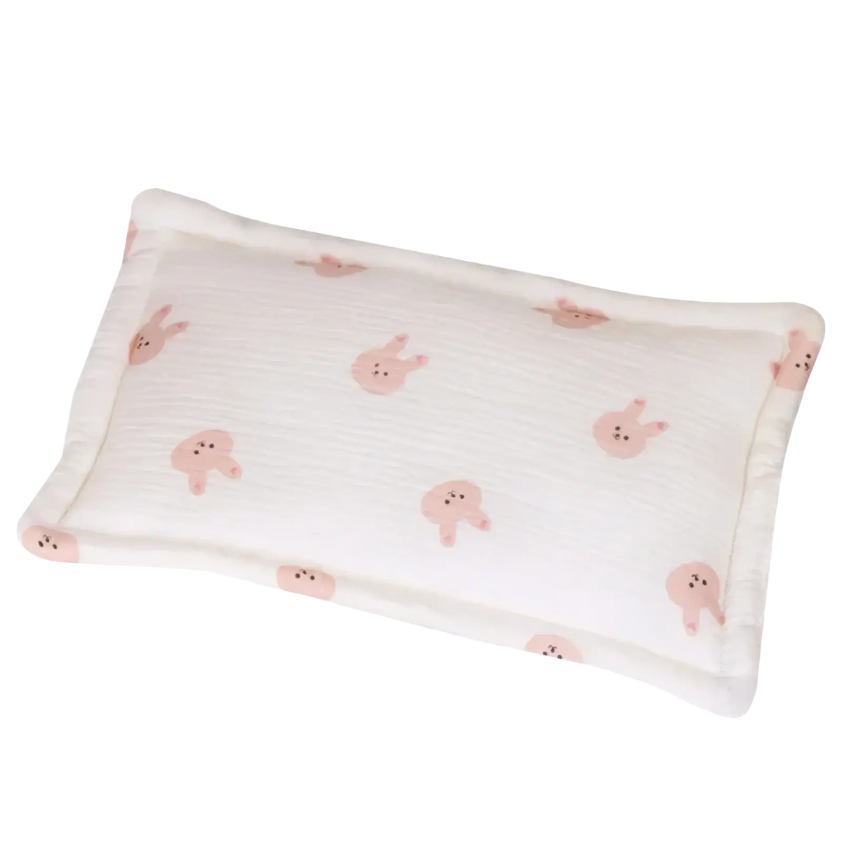 A soft white baby cotton pillow with breathable infant sleep support and gentle pink bunny pattern with stitched edges
