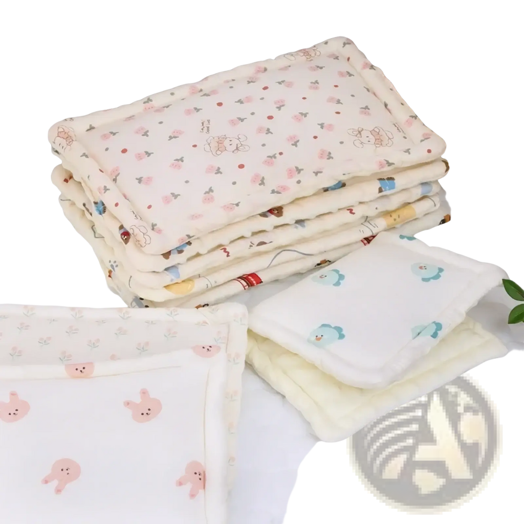 Stack of soft cream-colored cotton cooling pads with pink bunny and floral patterns for baby breathable sleep support