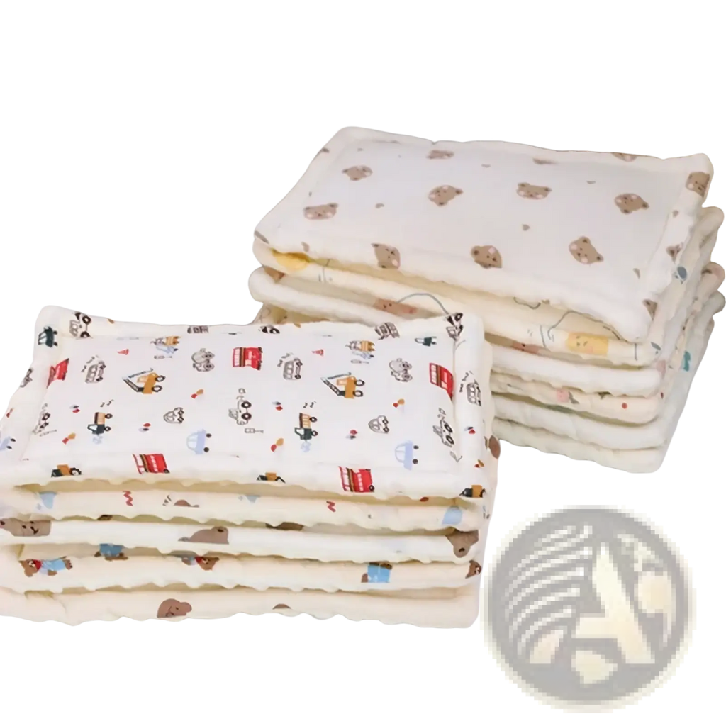 Stacks of cream-colored soft cotton cooling pads with breathable infant sleep support and playful cartoon prints