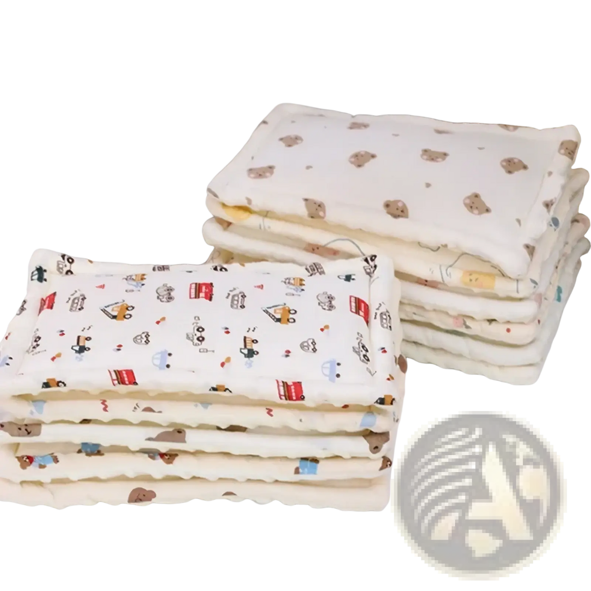 Stacks of cream-colored soft cotton cooling pads with breathable infant sleep support and playful cartoon prints