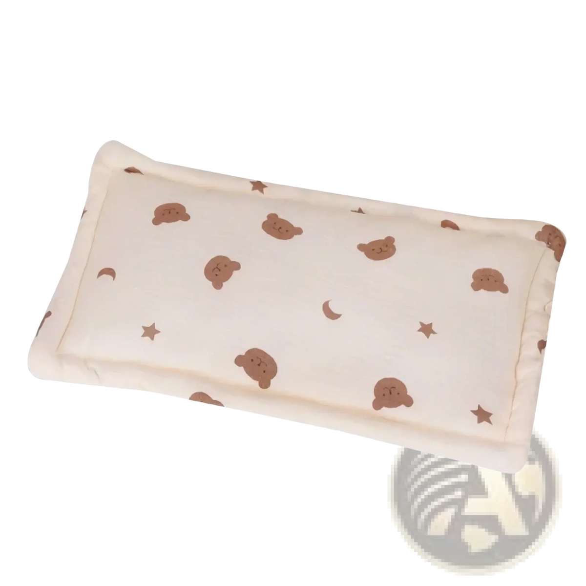 Cream-colored rectangular baby cotton pillow with breathable soft plush fabric featuring brown teddy bear and star patterns