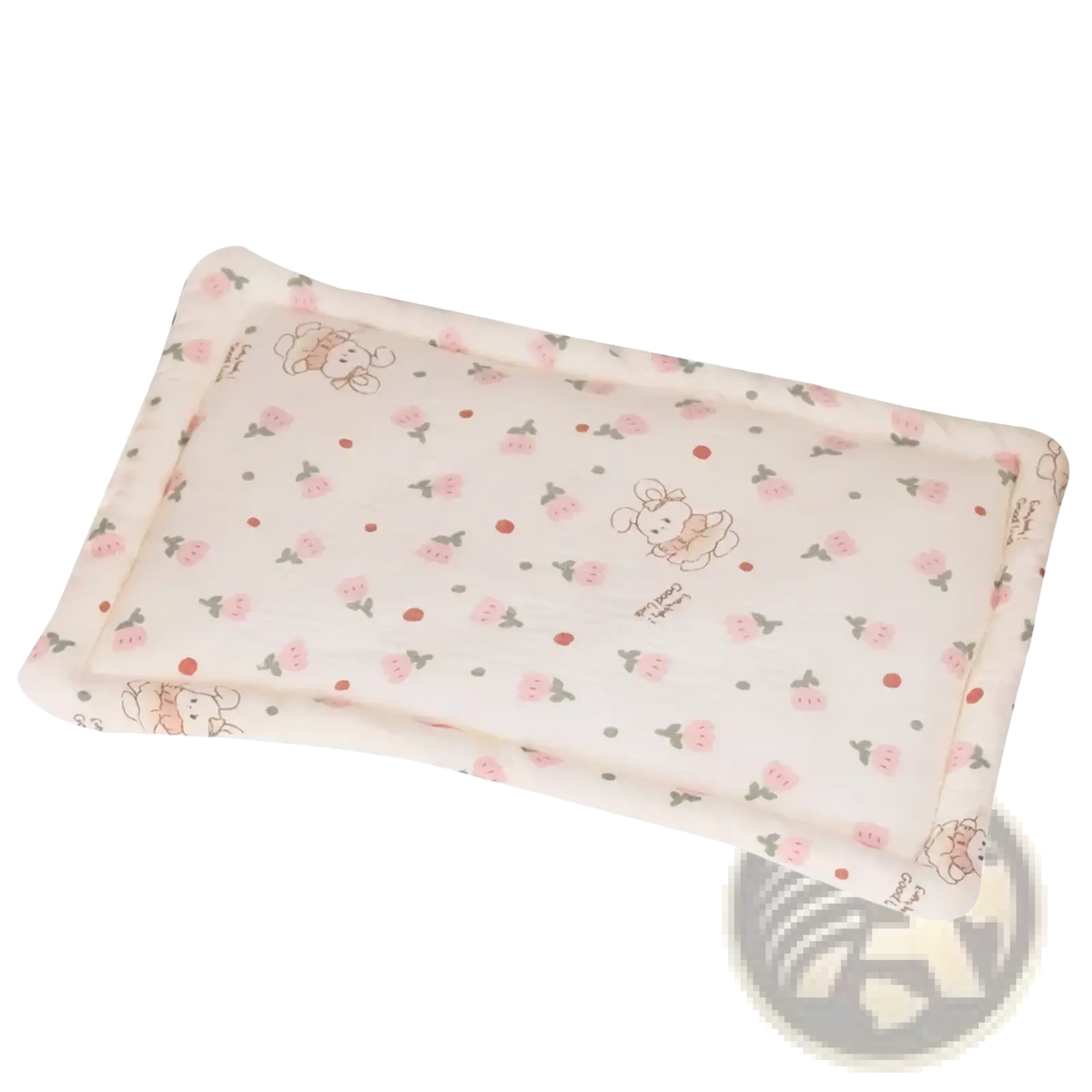 A cream-colored baby cotton pillow with breathable infant sleep support featuring pink cartoon animals and floral motifs