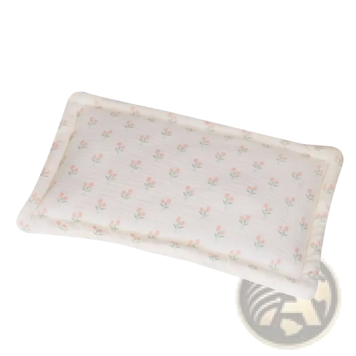 Breathable baby cotton pillow with off-white fabric pink tulip pattern and soft ruffled edges for infant sleep support