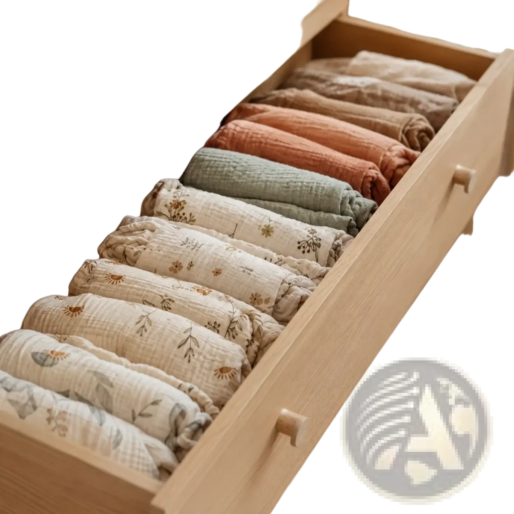 A drawer of soft earthy toned muslin swaddling blankets alongside a breathable fitted baby crib mattress cover