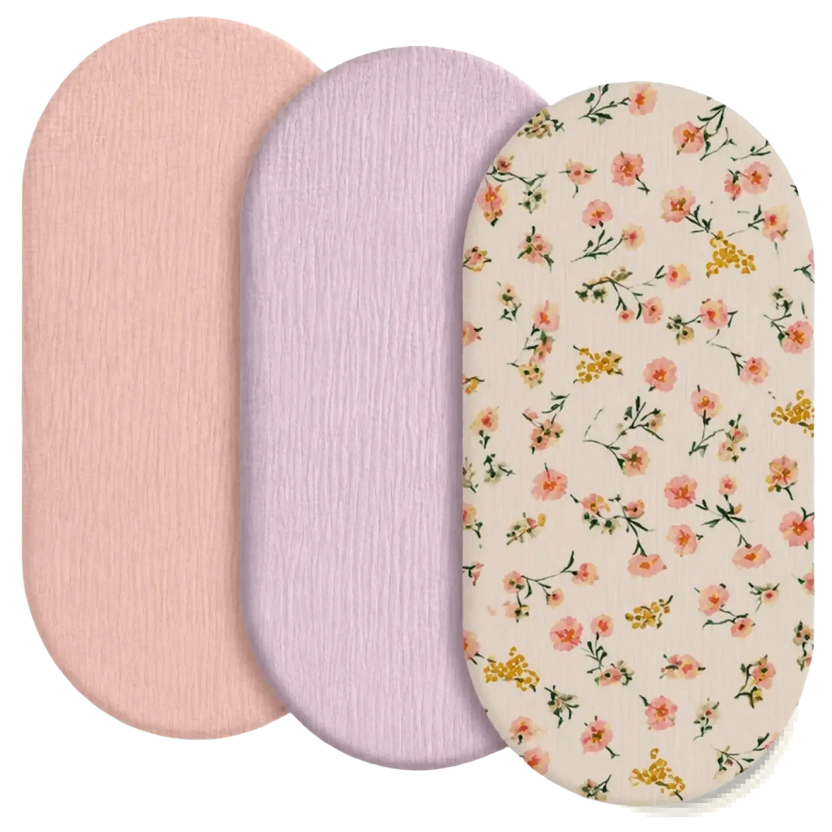 Baby crib mattress cover breathable fitted sheet in soft pink lavender and floral textured fabric mats
