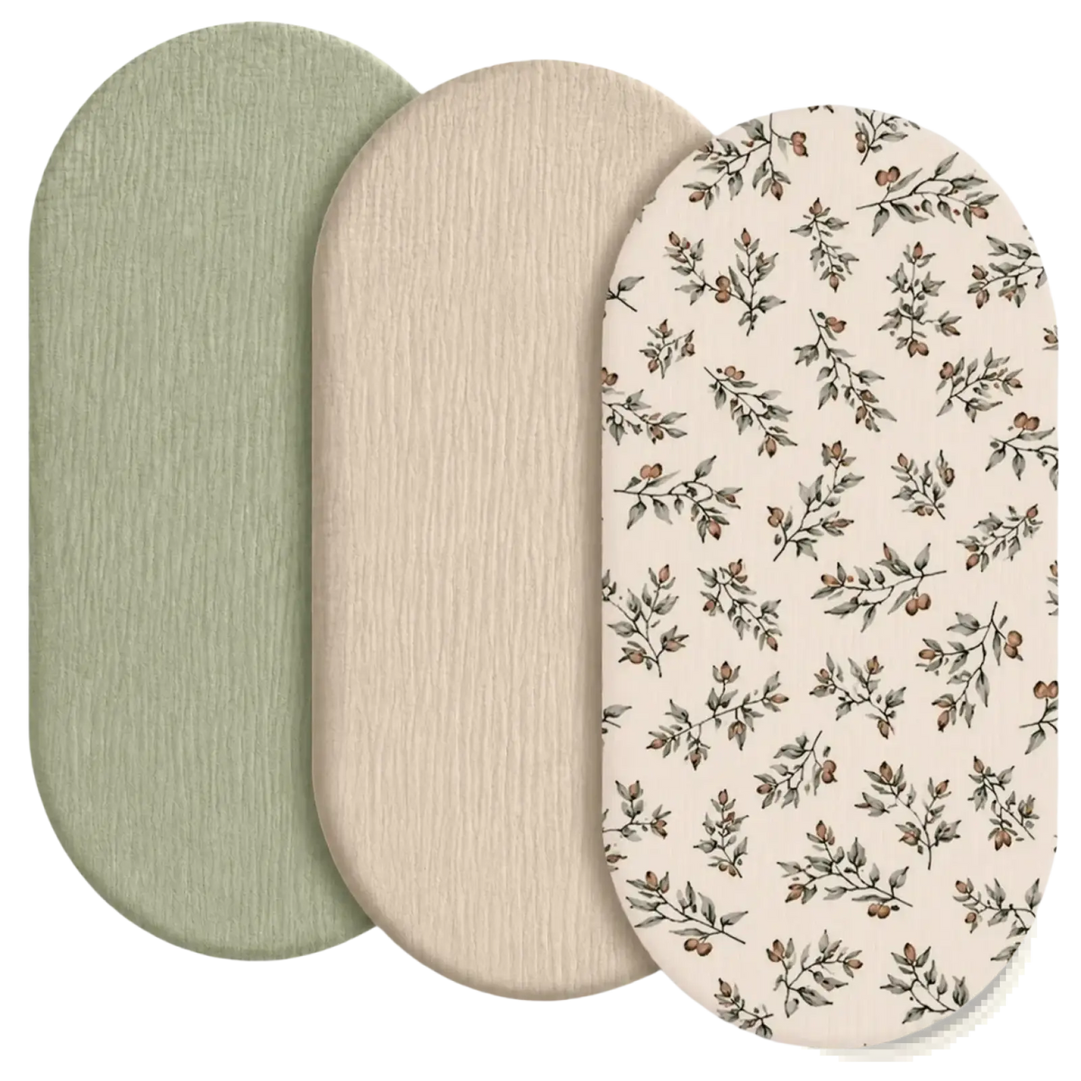 Three oval baby crib mattress covers breathable fitted sheets in sage green, beige textured fabric, and botanical print