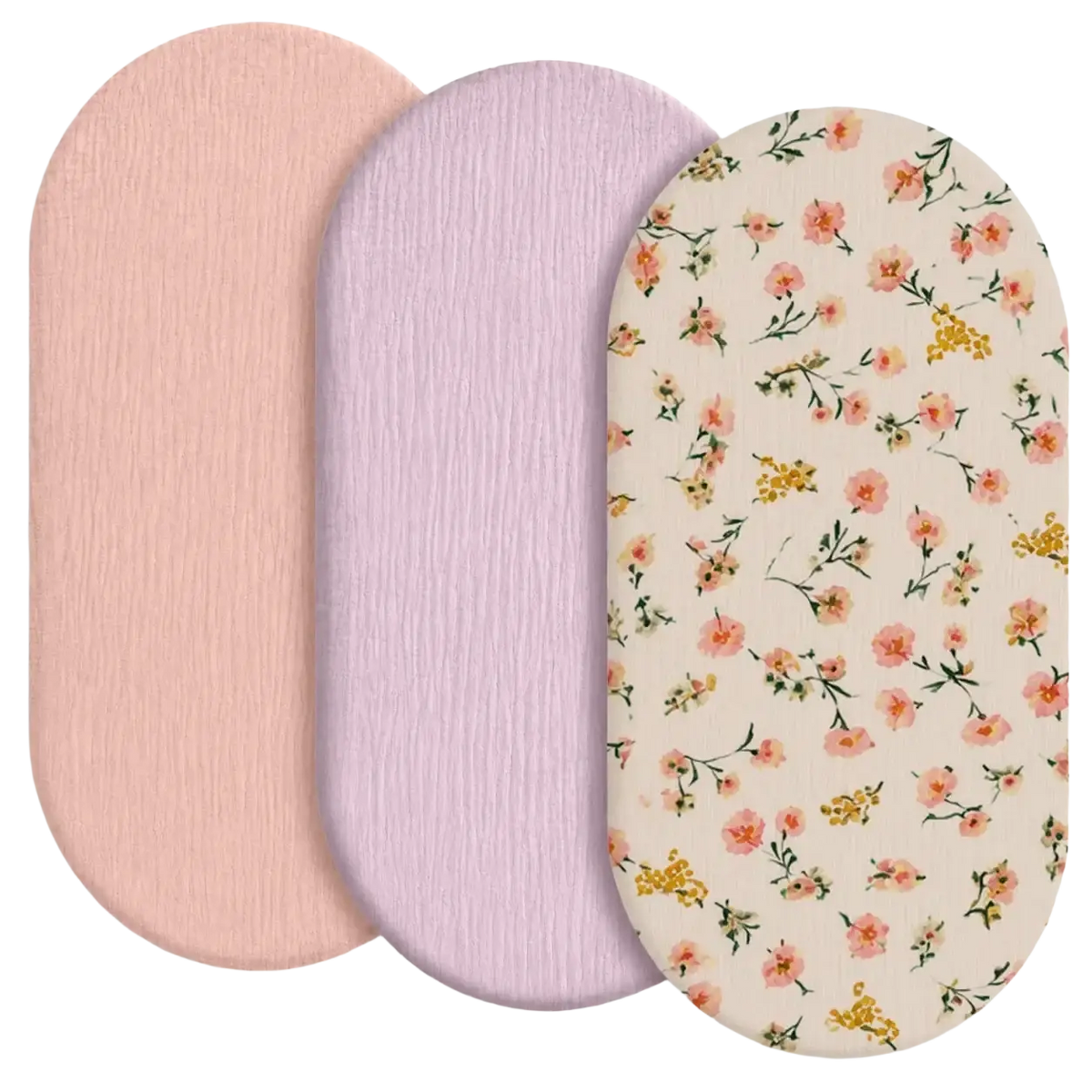 Baby crib mattress cover breathable fitted sheet in soft pink lavender and floral textured fabric mats