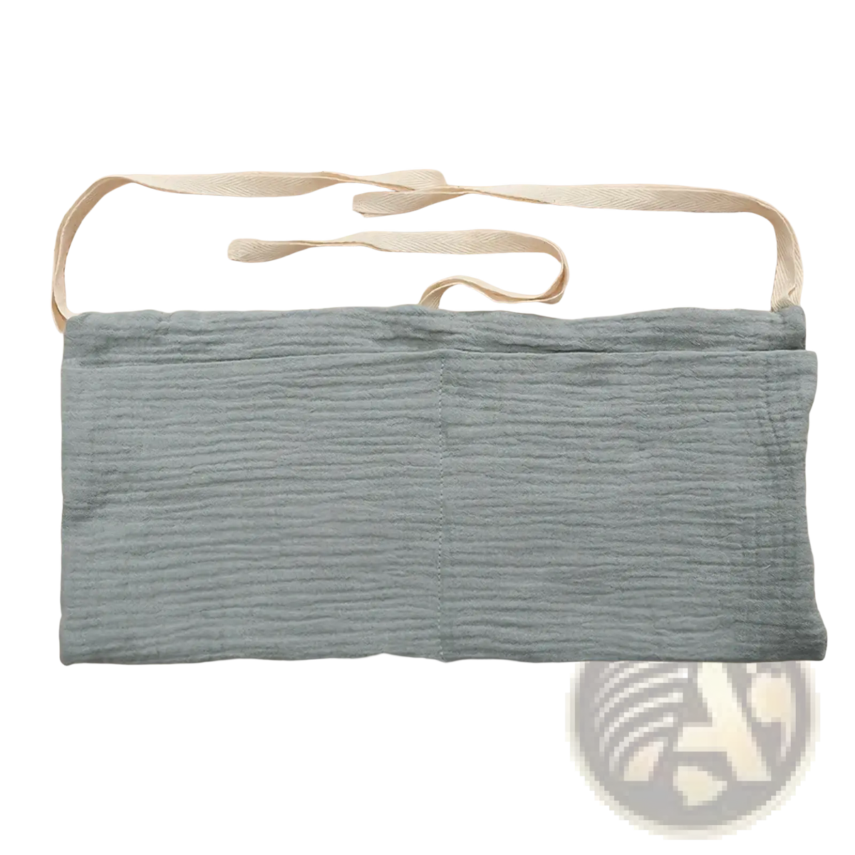 Light blue textured cotton baby crib storage bag with cream-colored ties bedside organizer