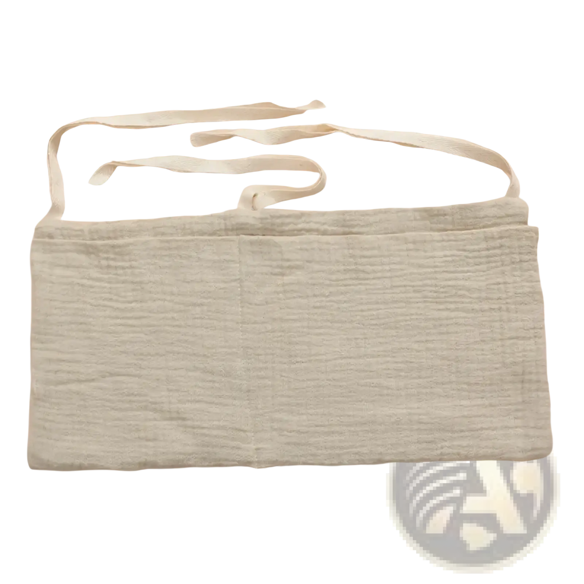 Light gray textured cotton baby crib storage bag with matching thin straps for bedside organization