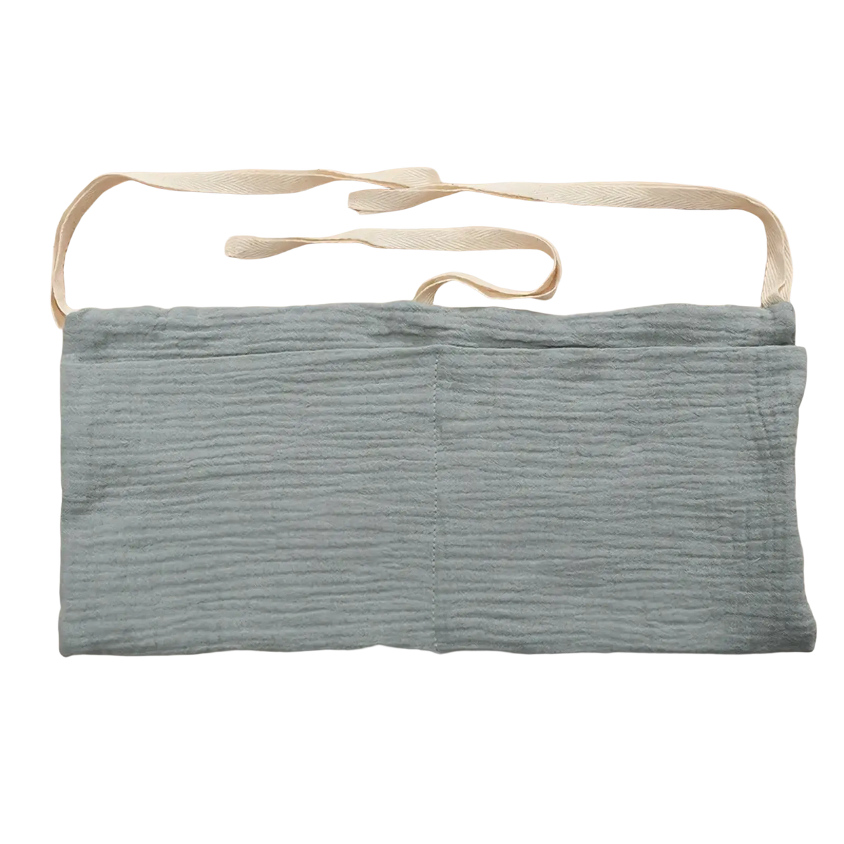 Light blue textured cotton baby crib storage bag with cream-colored ties bedside organizer