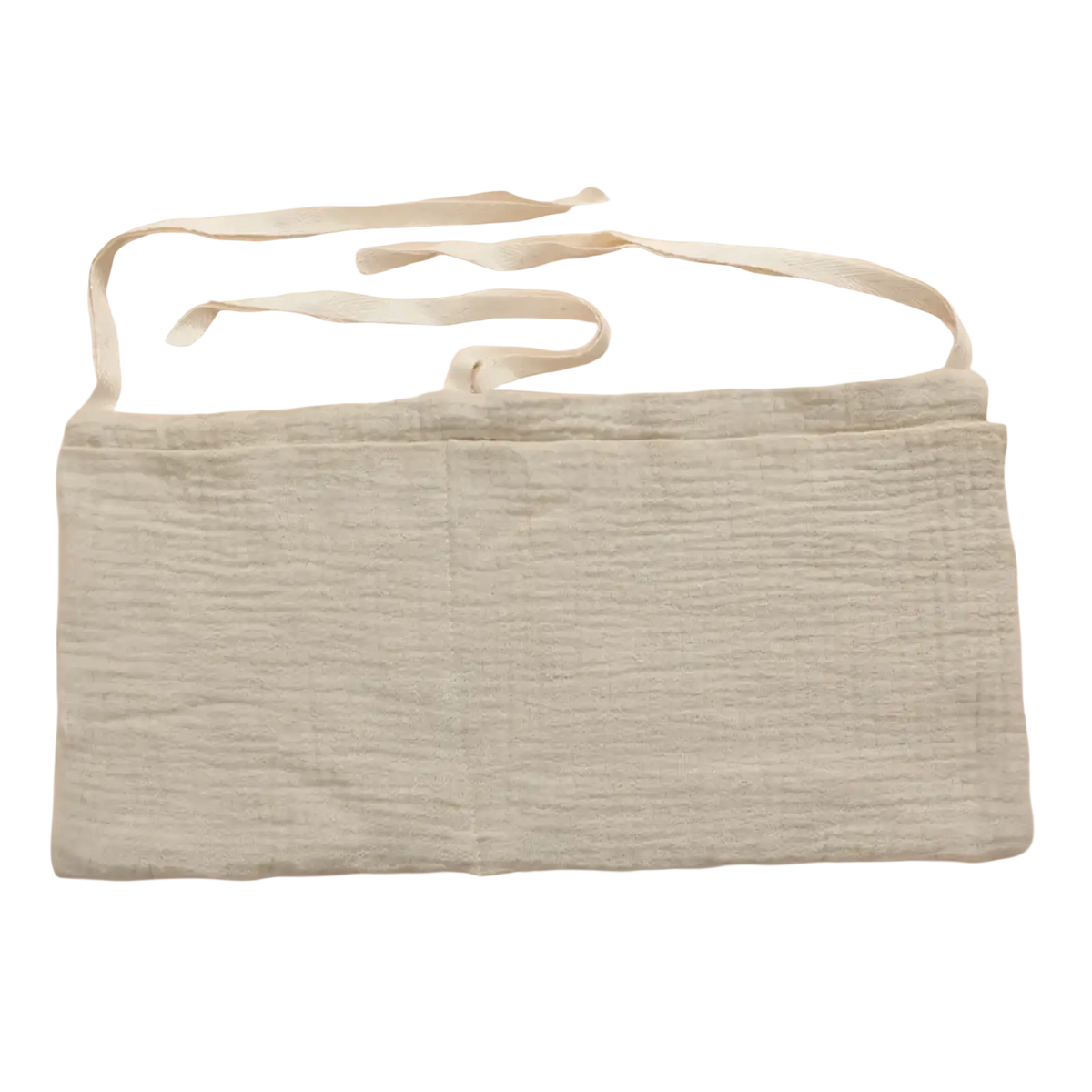 Light gray textured cotton baby crib storage bag with matching thin straps for bedside organization