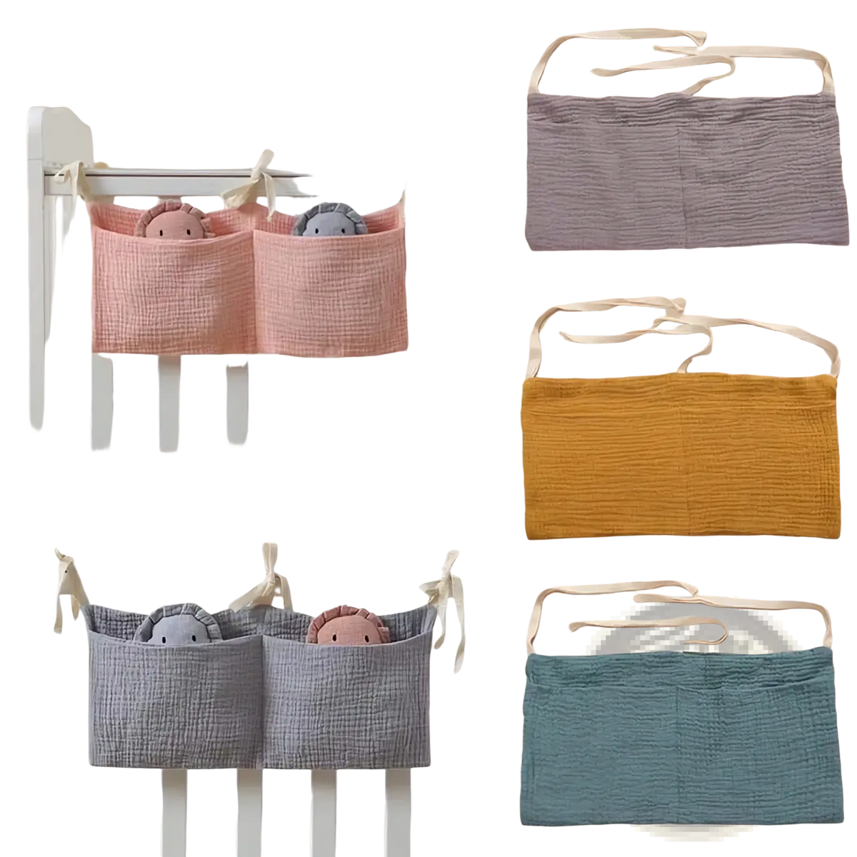 Pastel-colored textured cotton muslin baby crib storage bag with two pockets and fabric ties for bedside use