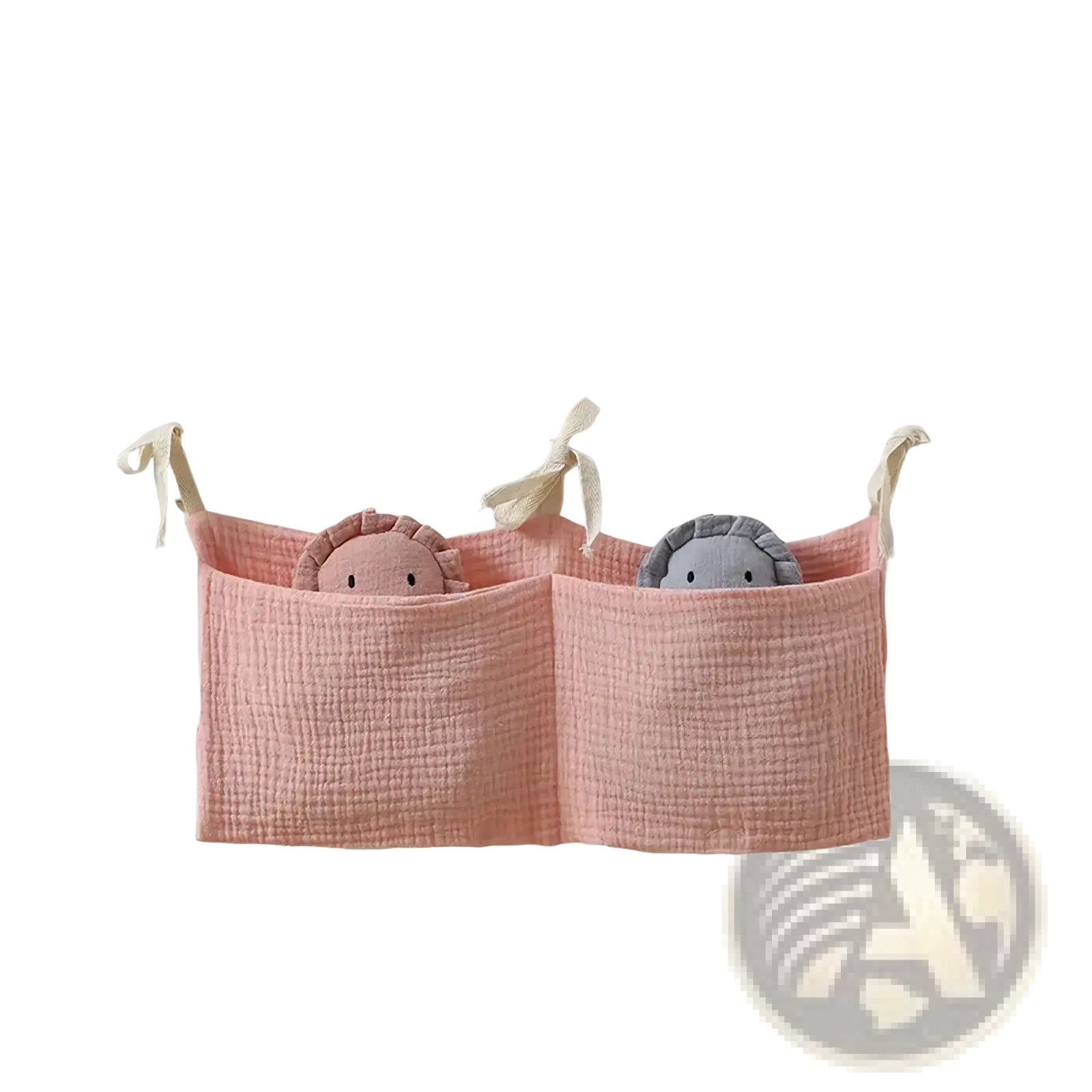 Pink cotton baby crib storage bag with double compartments and embroidered sun and moon plush faces bedside organizer