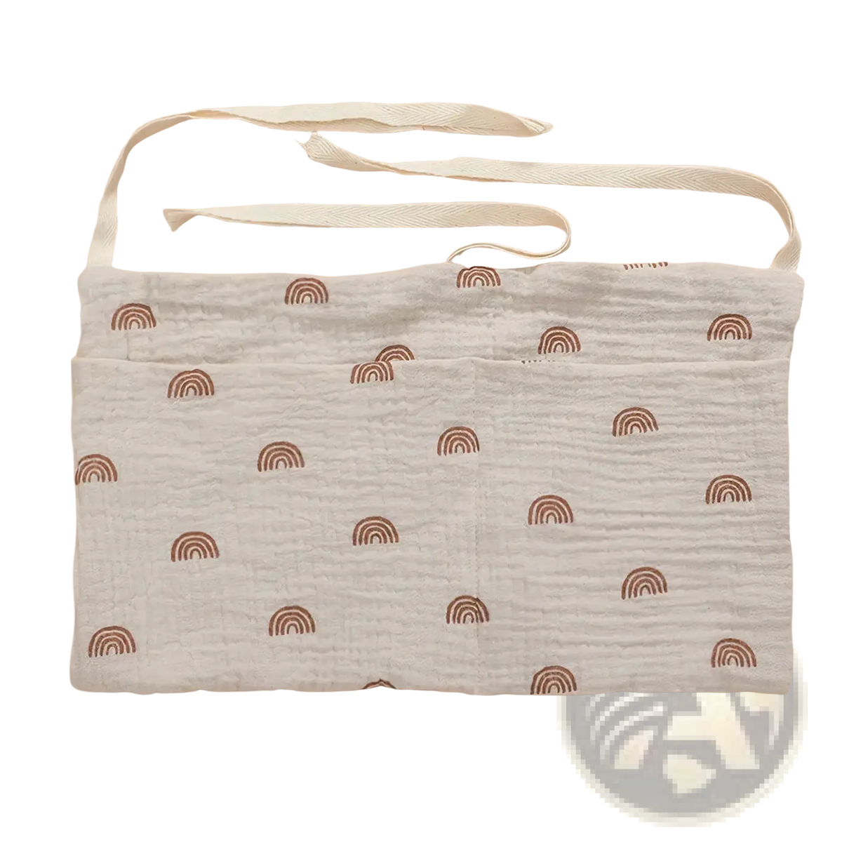 Baby crib storage bag cotton bedside organizer with a soft off-white muslin apron featuring brown rainbow patterns