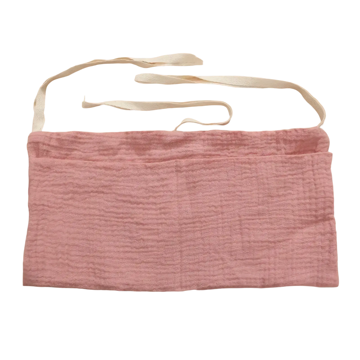 Baby crib storage bag cotton bedside organizer in soft pink textured fabric with white adjustable straps