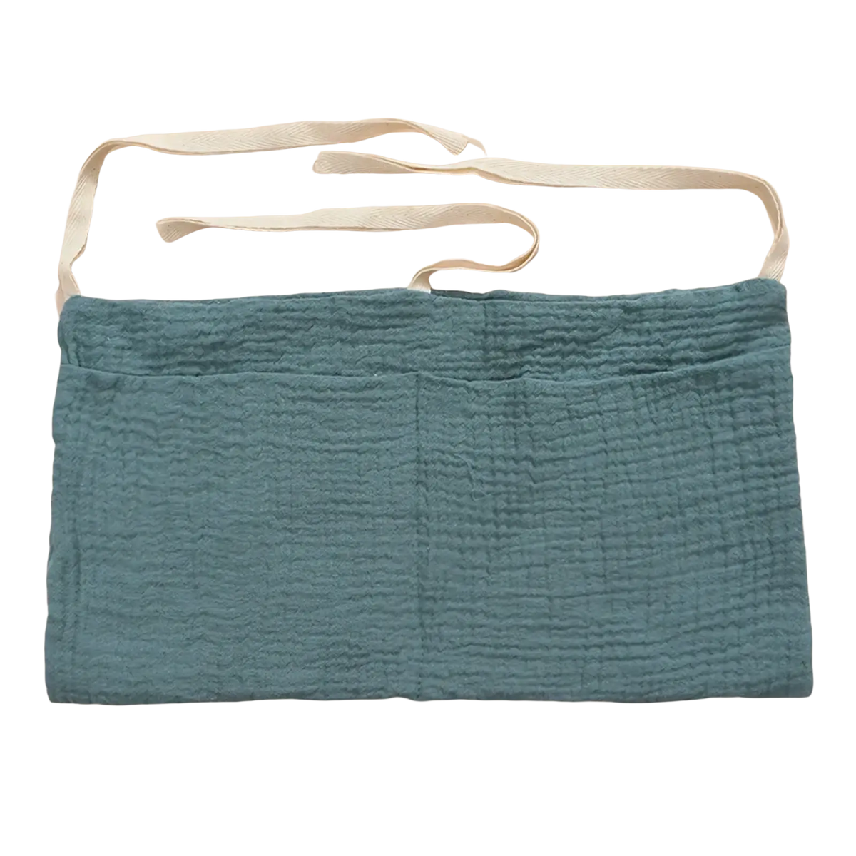 Teal textured cotton baby crib storage bag with two front pockets and cream fabric ties for bedside organization