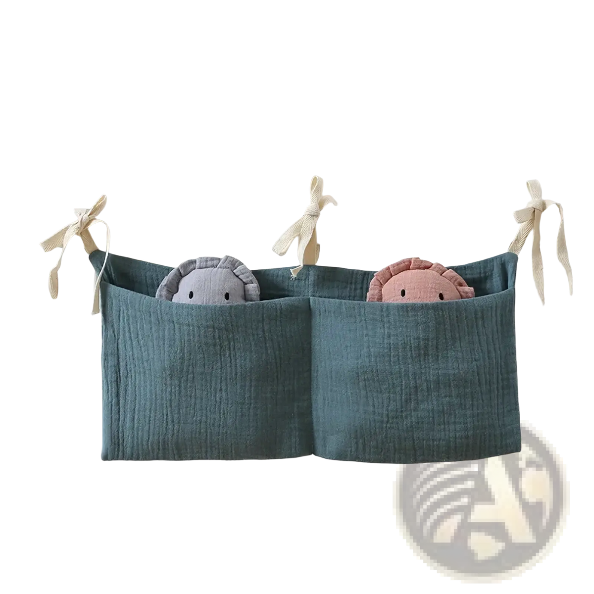 Teal ribbed cotton baby crib storage bag bedside organizer with two pockets holding plush stuffed animals