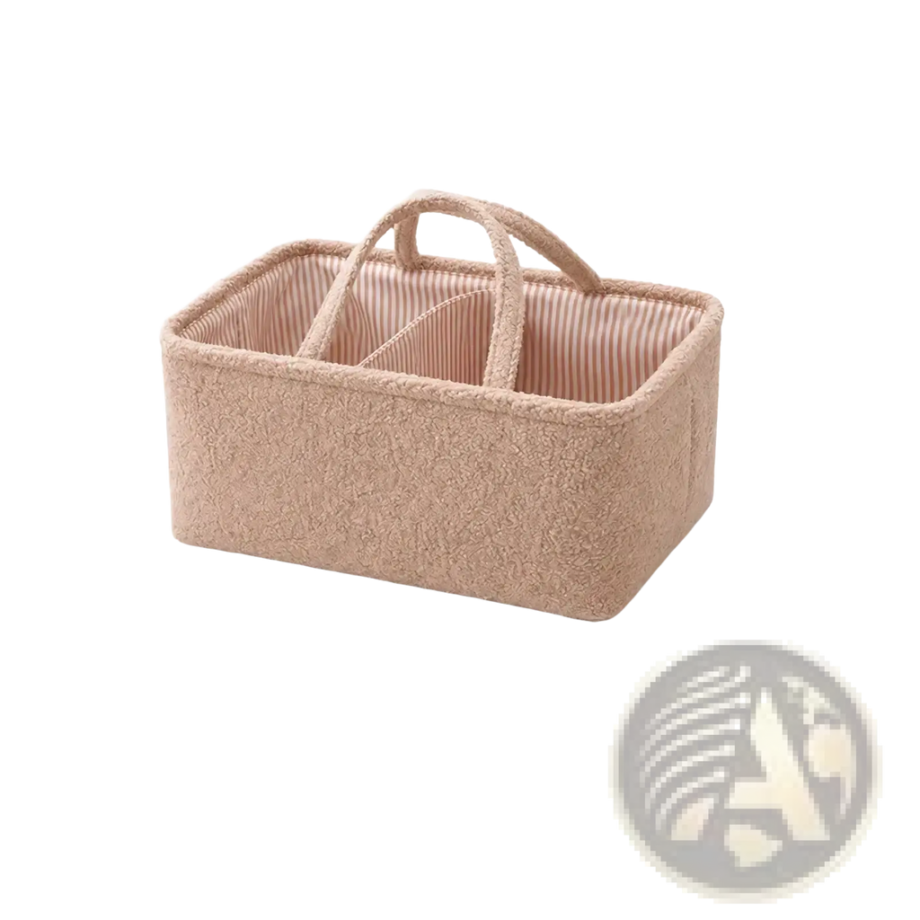 Beige textured fabric baby diaper organizer storage basket with striped interior and sturdy handles