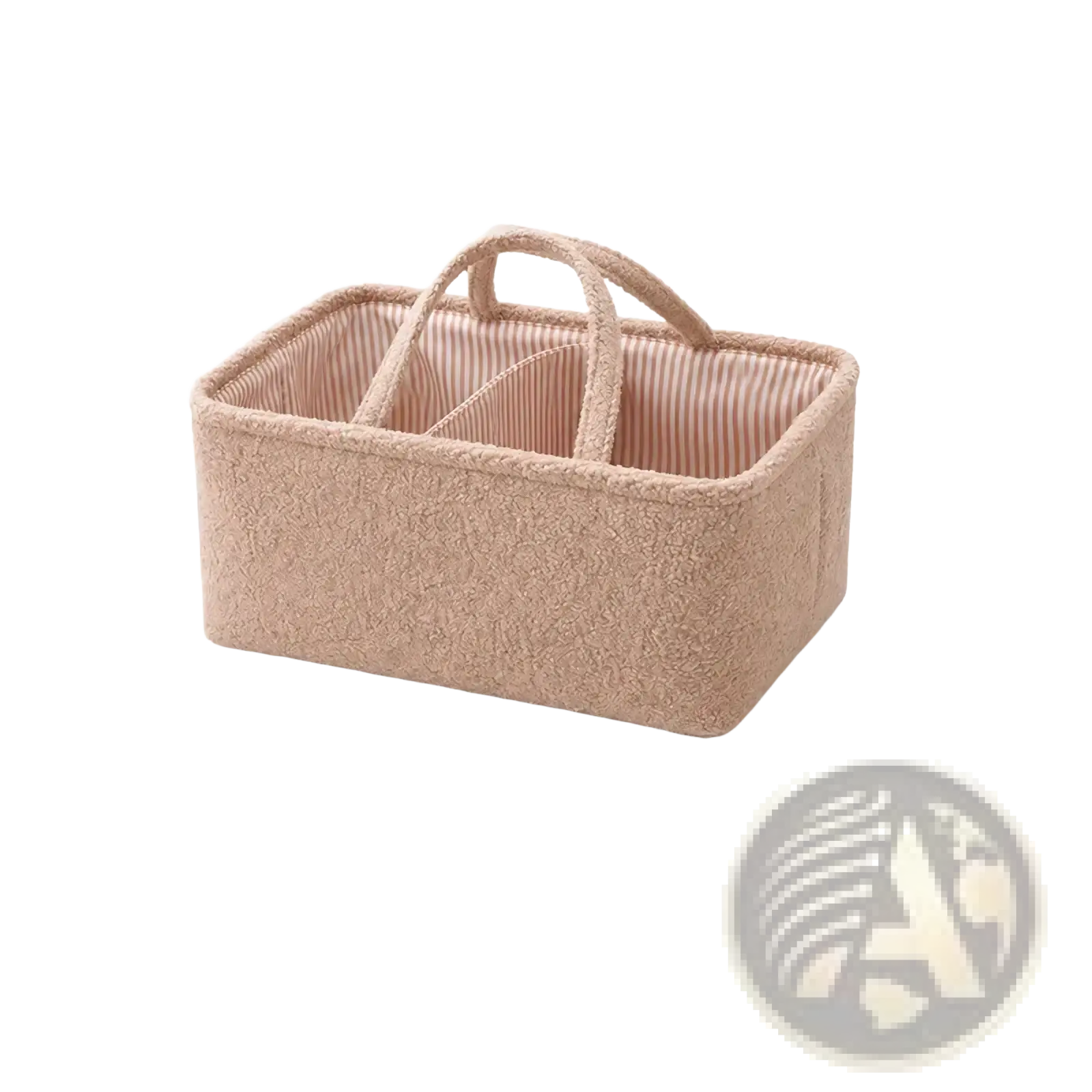 Beige textured fabric baby diaper organizer storage basket with striped interior and sturdy handles