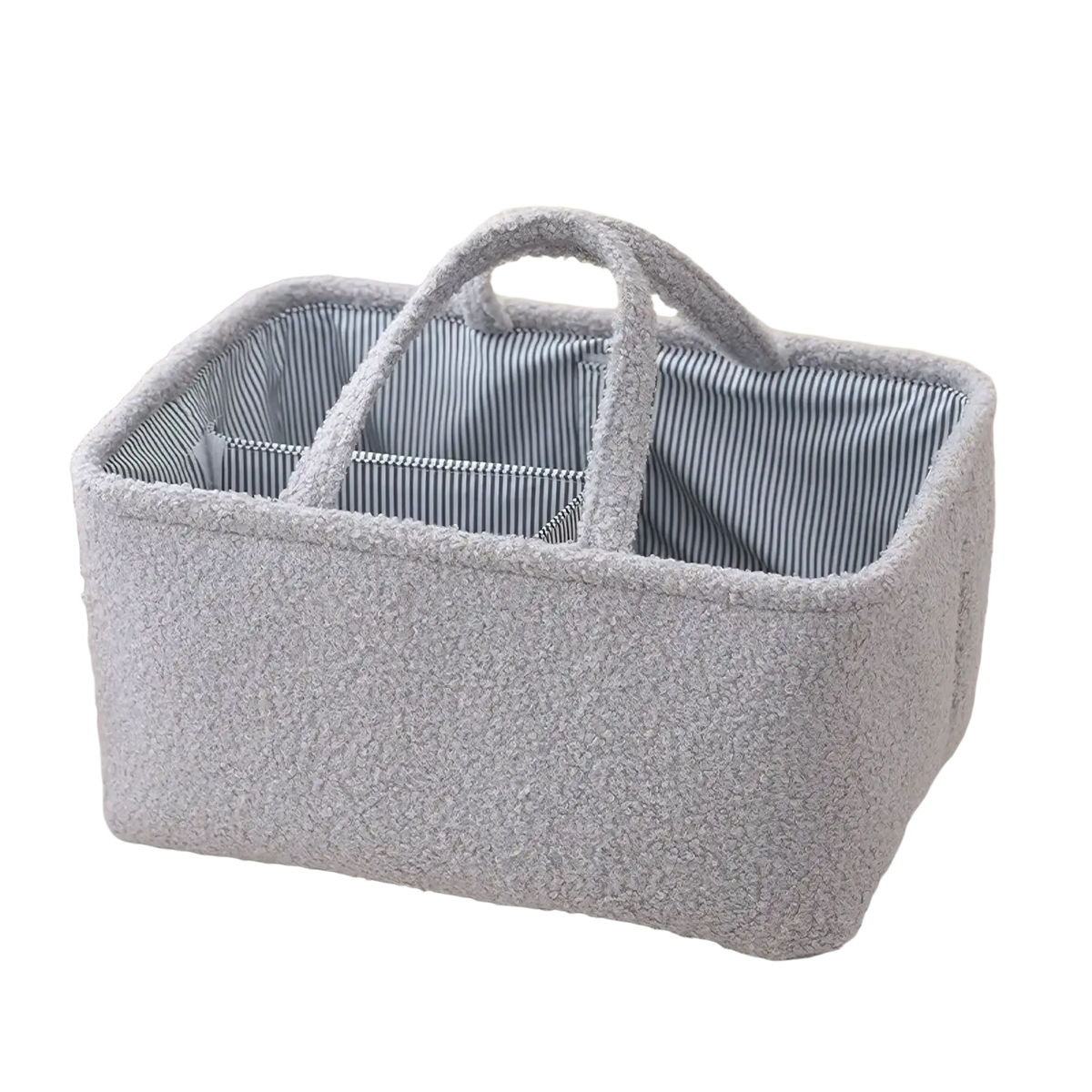 Gray fuzzy baby diaper organizer storage basket with striped interior and sturdy handles for convenient storage