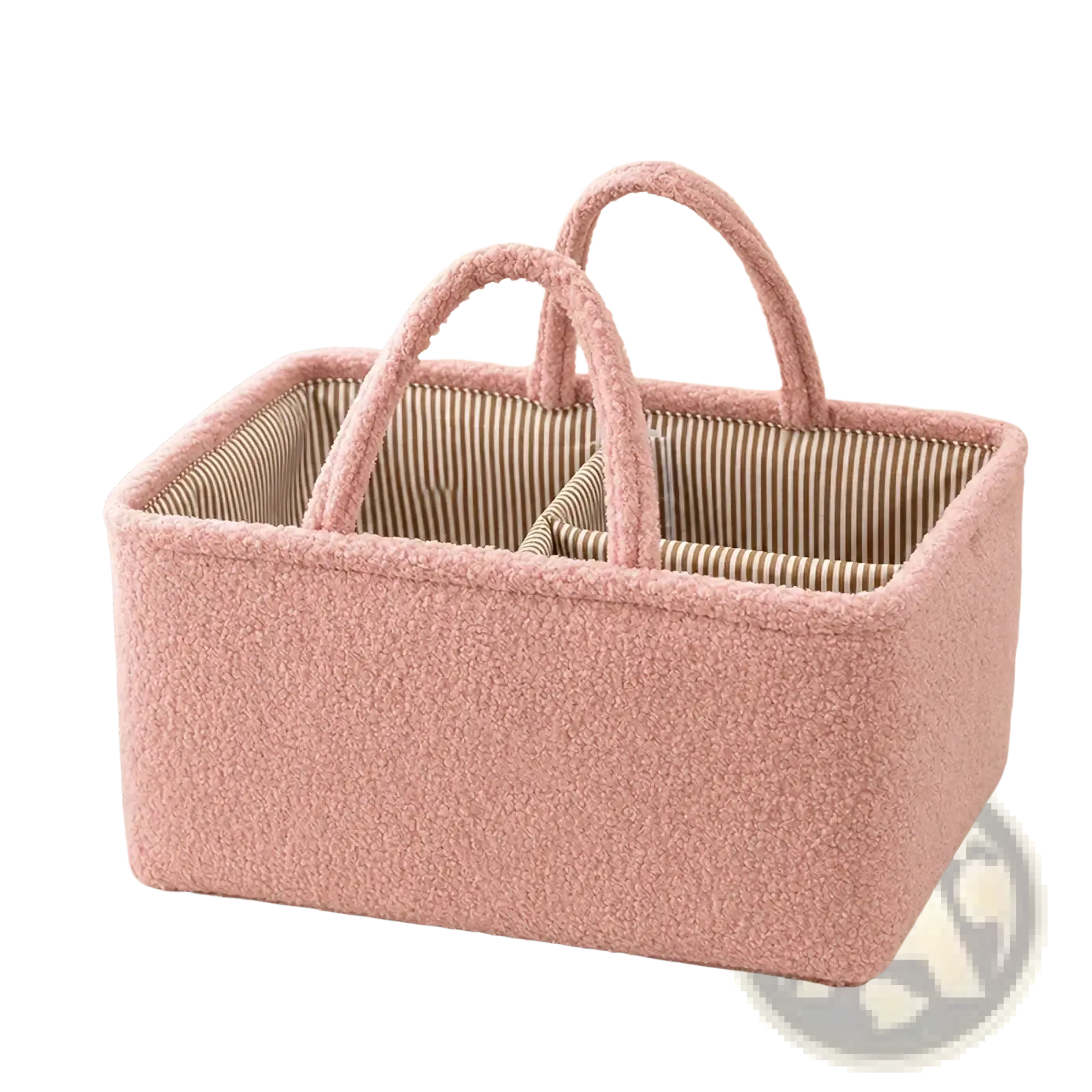 Pink fuzzy fabric baby diaper organizer storage basket with striped interior and two handles for easy carrying