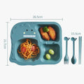 Blue dinosaur-shaped silicone toddler feeding set with three compartments and matching utensils for mealtime