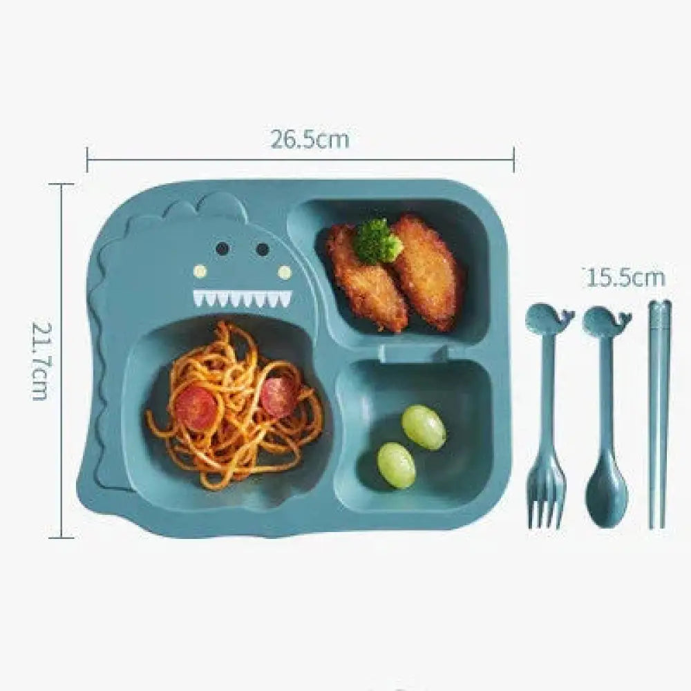Blue dinosaur-shaped silicone toddler feeding set with three compartments and matching utensils for mealtime