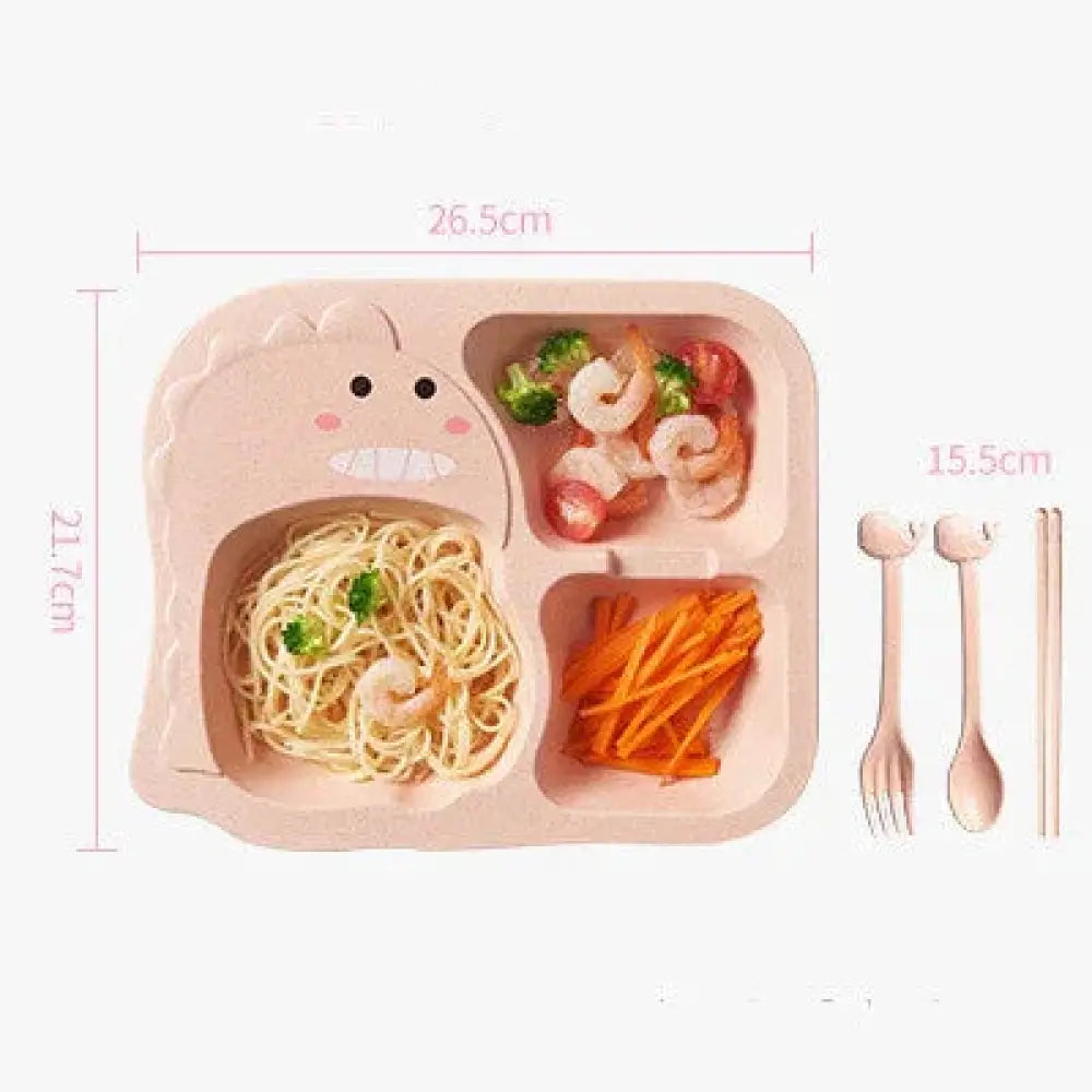 Pink silicone 3-compartment dinosaur toddler feeding set tray with matching utensils for children’s meals