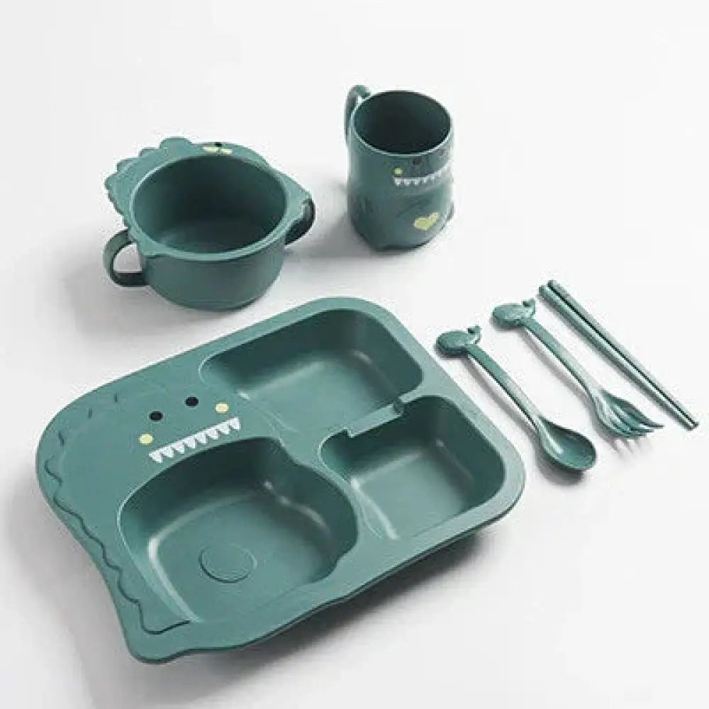Teal 3-compartment silicone dinosaur toddler feeding set with matching plates cups and utensils for children
