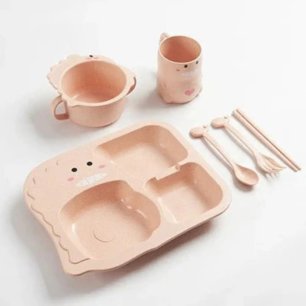Pastel pink silicone dinosaur toddler feeding set with three divided compartments and cute animal faces