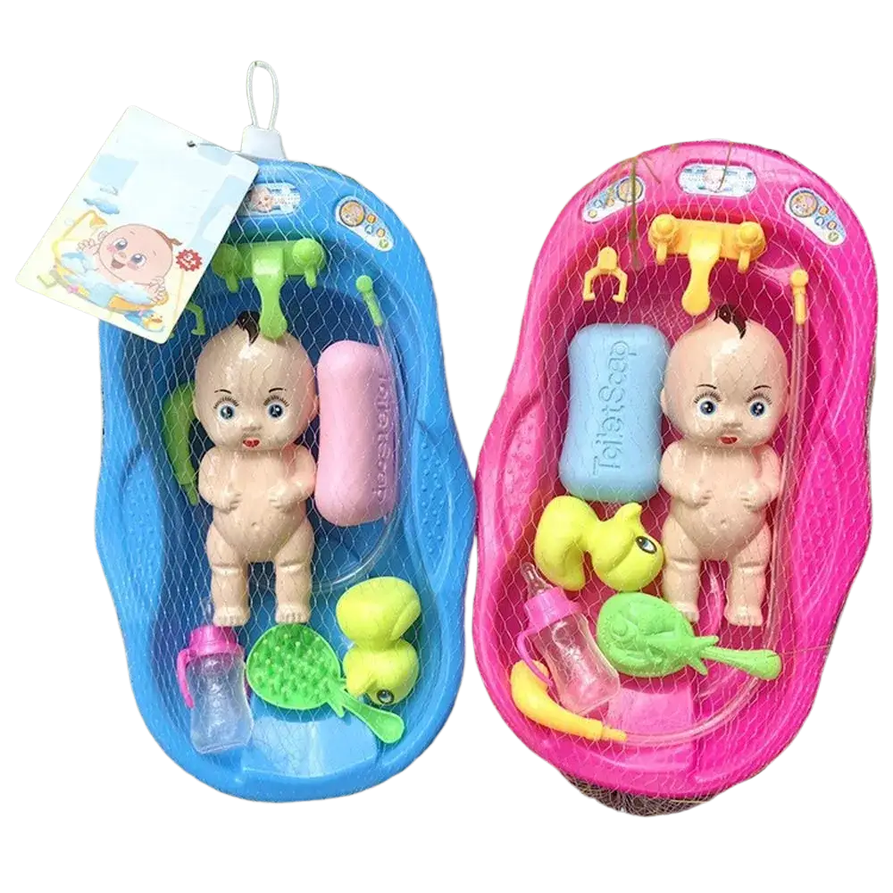 Baby doll bathtub play set with blue and pink plastic bath accessories including dolls soaps brushes and bottles in mesh bags