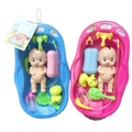 Baby doll bathtub play set with blue and pink plastic bath accessories including dolls soaps brushes and bottles in mesh bags