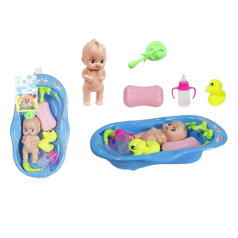 Blue plastic baby doll bathtub play set with pink soap, green brush, and yellow rubber duck accessories